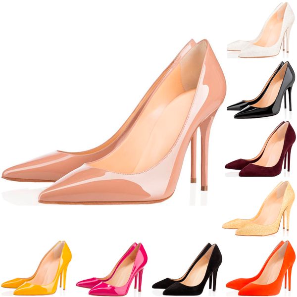 

2019 new fashion designer women shoes red bottom high heels 8cm 10cm 12cm nude black white orange leather pointed toes pumps dress shoes