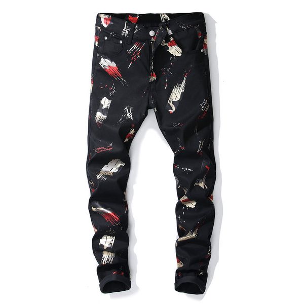 

2020 men new digital printing black pants youth flower of cultivate one's morality pants fashion elastic black leisure trousers