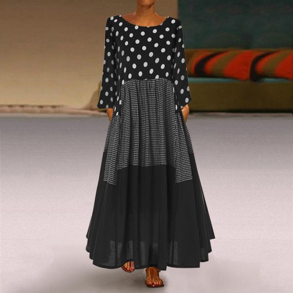 

mujeres vintage otoÃ±o vestido boho wave point print vestido manga larga cuello redondo fiesta maxi vestidos sueltos mujer ropa, Black;gray