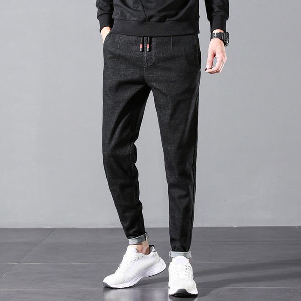 

men's winner denim pants 2019 new fashion autumn winner men's casual solid straight denim slim jeans drawstring pant w912, Black