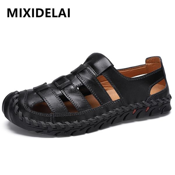 

2020 new summer flip flop men breathable leather sandals man flats fashion casual beach men's shoes plus size 38-48, Black