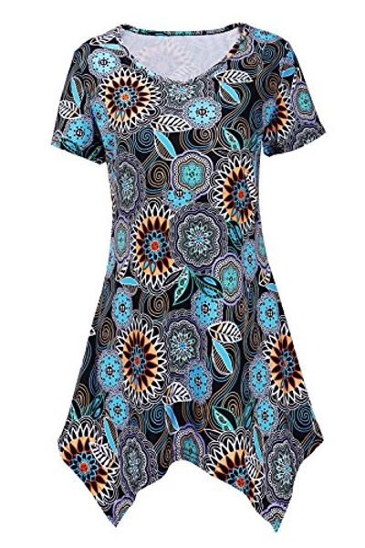 

dreagal womens v neck short sleeve floral print irregular hem summer tunic shirt, Black;gray