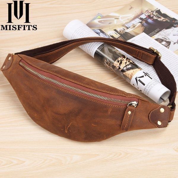 

misfits мужчина талия сумка из натуральной кожи коровы vintage small fanny pack мужской талия обновление путешествие грудь сумка для сотовог