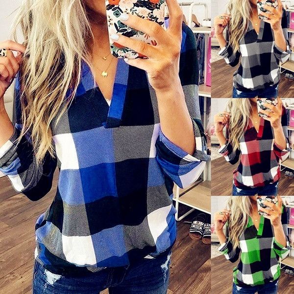 

2020 autumn winter women blouses vintage hollow out v neck plaid casual belong sleeve 5xl big large plus sizes shirts, White