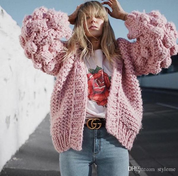 

women winter thick oversized cardigan sweaters 1.3kg 2017 warm coarse wool pom lantern sleeve open stitch loose knitted overcoat, White;black