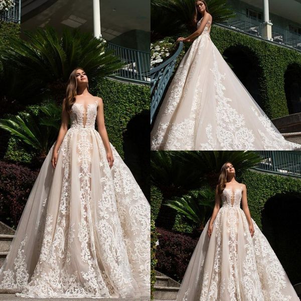 

elegant lace applique 2019 wedding dresses sheer neck beach plus size wedding dress boho beach bridal gowns vestidos de novia, White