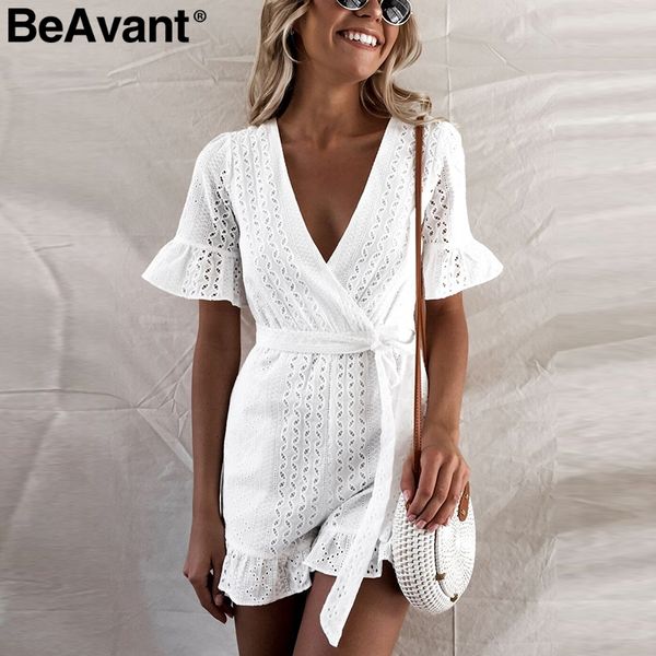 

beavant elegant ruffle white rompers womens jumpsuit short sleeve high waist cotton summer jumpsuit female v neck playsuit, Black;white
