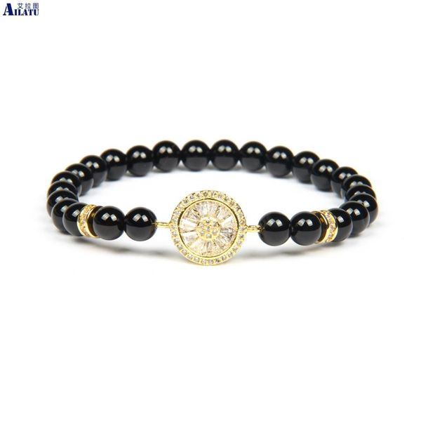 

ailatu new cubic zirconia round charm beads women bracelet with 6mm natural black onyx stone beads, Golden;silver