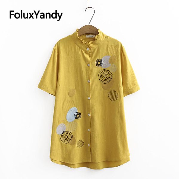 

ruffles stand collar blouse women summer shirt plus size embroidery cotton casual short sleeve blouse shirt kkfy4580, White