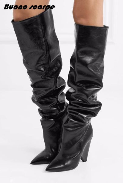 

buonoscarpe pleated long tube shaped heeled boots sewn line cuffed elastic boots pointed toe spike chunky heel knee women, Black