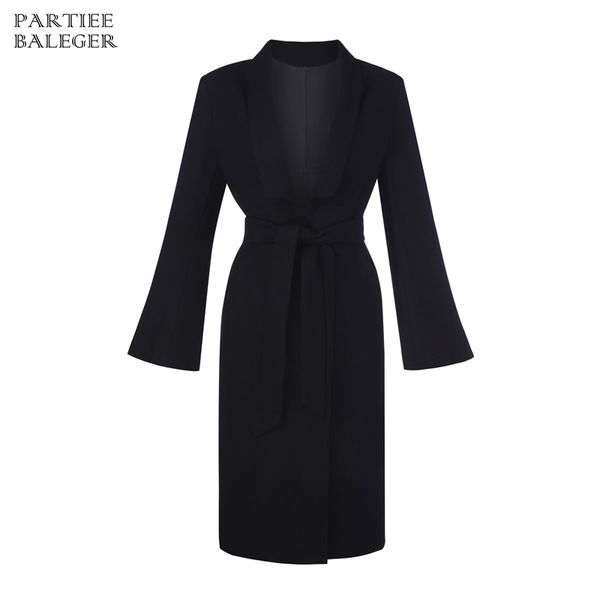 

2019 new arrival black long coat turn-down collar sashes design long sleeves pocket casual club party outwear woollen coat