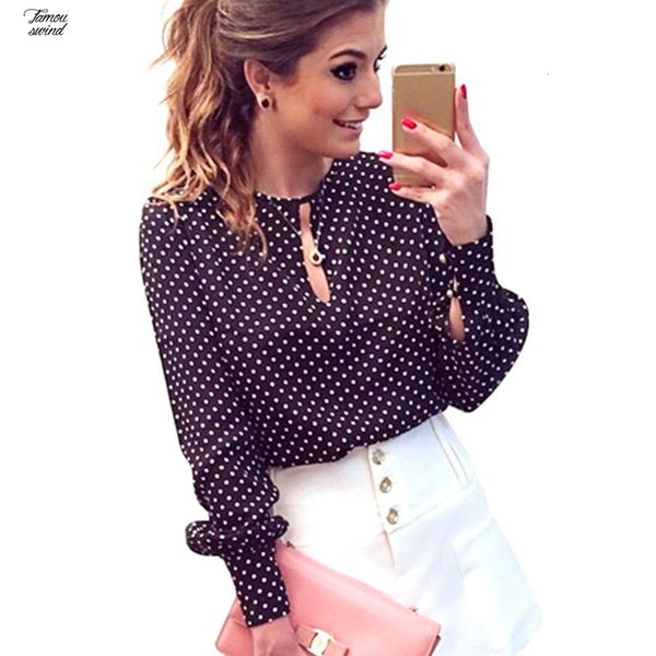

chiffon long slit open women sleeve hollow casual shirts plus size women blusas mujer polka dots shirt top, White