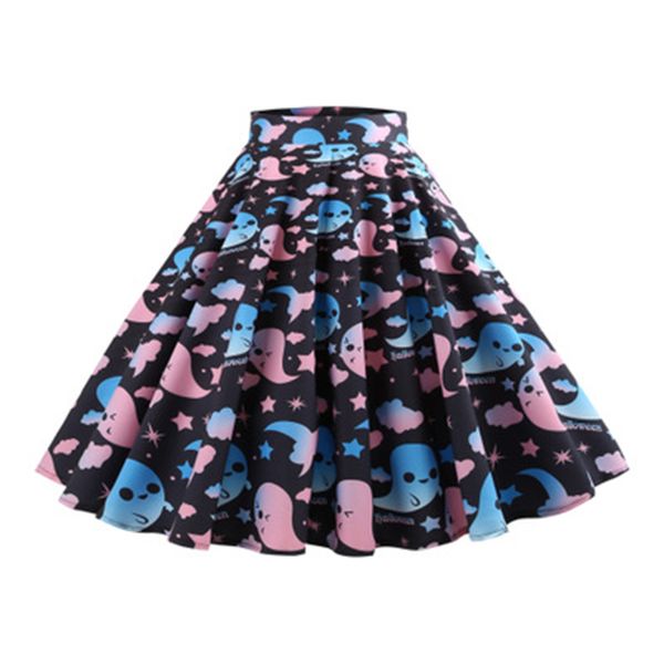 

ghost print halloween skirt women vintage skirts high waist swing retro skirts hepburn party a-line skirts vestidos sj320v, Black