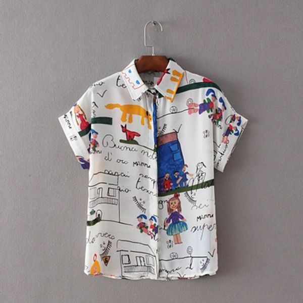 

Женщины моды милый мультфильм граффити рисунок шифона свободная блуза с длинным