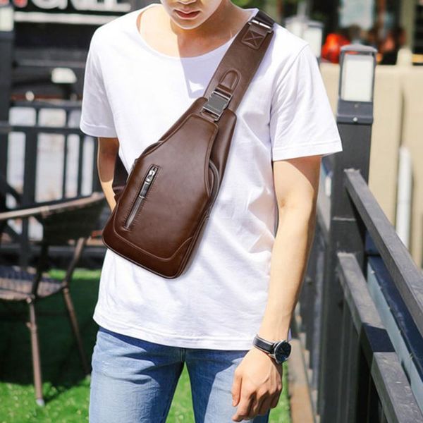 

men chest shoulder bag zipper large capacity pu leather for mobile phone keys o66
