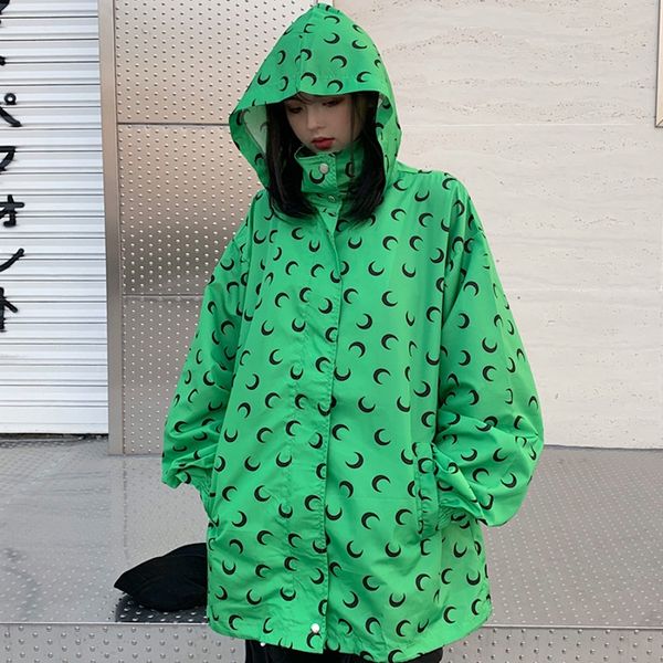 

2019 new fashion women coat moon print lapel zip hooded long sleeve drawstring wind breaker casual loose coat for female, Tan;black