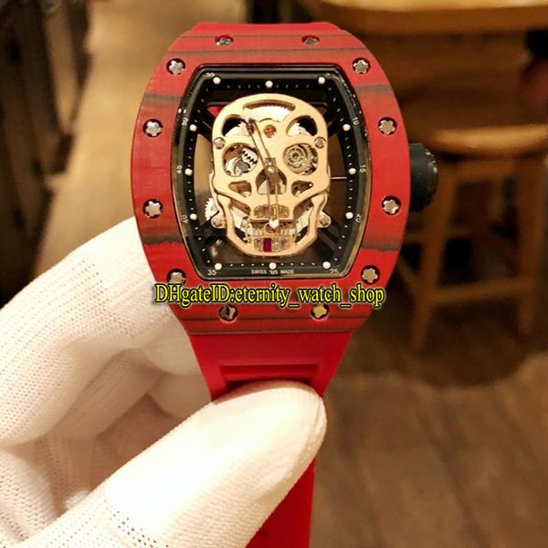 

limit version sport designer watches rm 52-01 ntpt carbon fiber red case skull skeleton dial japan miyota automatic rm052 mens watch rubber, Slivery;brown