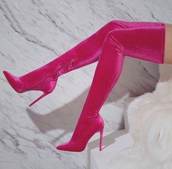 

stylish pink velvet over the knee thigh high boots zipper pointed toe women fall long boots thin heels runway ridding, Black