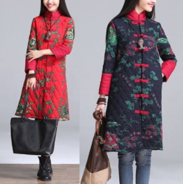 

p shoot 9157 # ethnic-style autumn and winter large size mid-length cotton-padded clothes women's literature and art padded, Blue;black