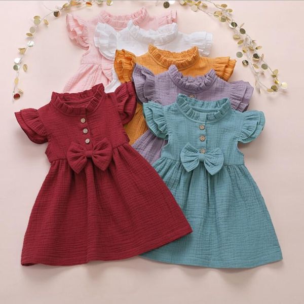 

baby girls dresses children bow ruffle princess dress solid fly sleeves patchwork tutu dresses infant summer party birthday suit py461, Red;yellow