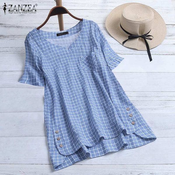 

zanzea summer blouse women short sleeve plaid checked shirt female vintage v neck loose tunic oversized blusas robe femme, White