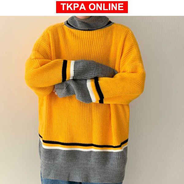 

men korean patchwork sweater turtleneck 2020 winter japanese streetwear sweater pullover christmas man harajuku clothes, White;black