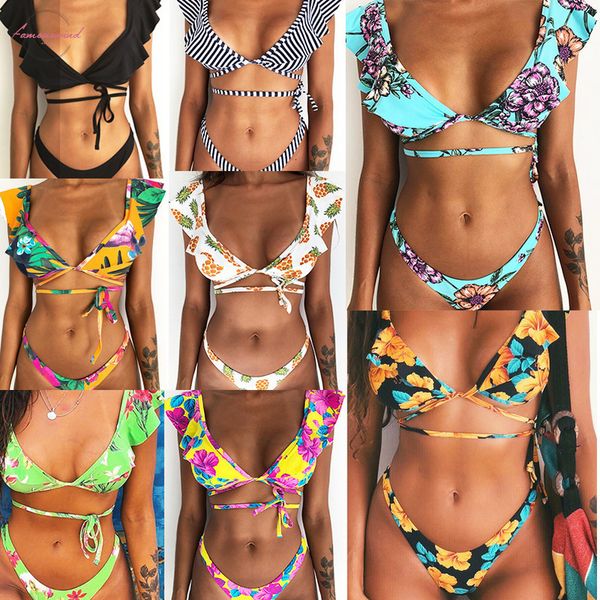

women swimwear off shoulder ribbed thong swimsuits printing summer swimwear bandeau floral swimming suit brazilian biquni, White;black