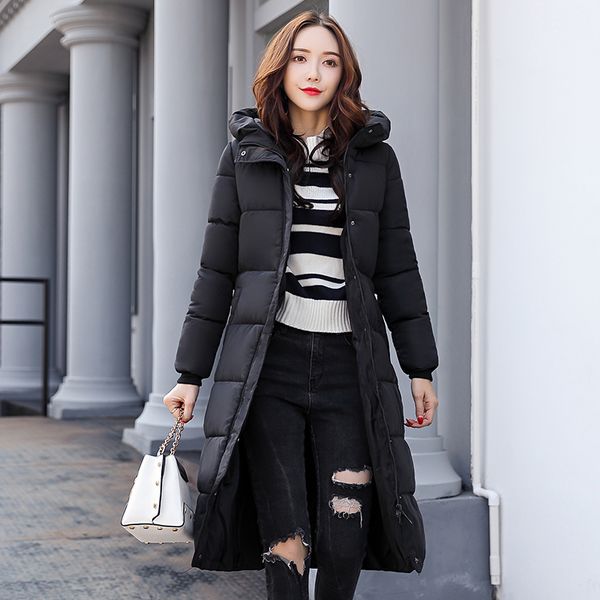

2018 new winter down cotton jacket women's long slim hooded padded coat jacket over the knee coat, Black