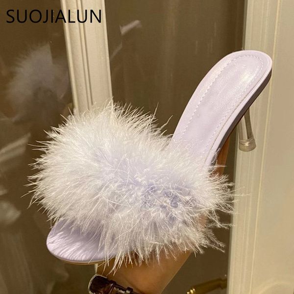 

suojialun 2020 women furry slippers ostrich hair fluffy sandal ladise thin high heel plush slides warm slippers sho, Black