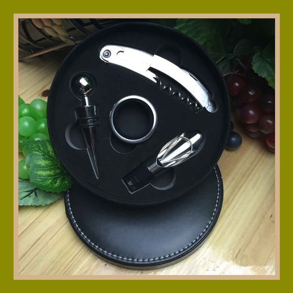 

4pcs/set red wine bottle opener with black leather gift box bar accessories