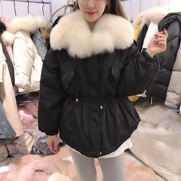 

large real fox fur collar 2020 new winter coat jacket women female loose short down parka thick warm 90% white duck down jacket, Black