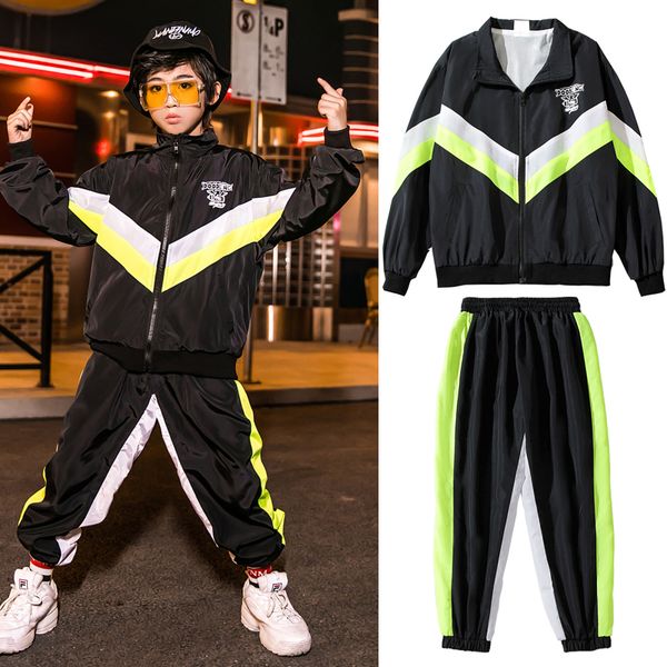 

kids hip hop costumes boys street dance clothes jacket pants modern stage performance wear children cheerleading outfit dqs3493, Black;red