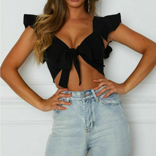 

лето new sexy женщин с коротким рукавом crop top бинты bowknot передняя дамы короткие жилет танки top casual обычная рубашка одежда, White