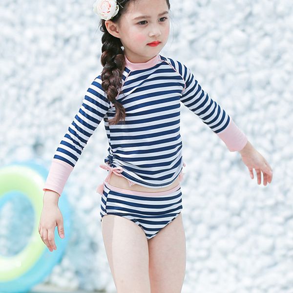 

baby girls striped swimsuits 2pcs swimming suits sunproof long sleeve +shorts pants toddler swimwear children kids swim suit