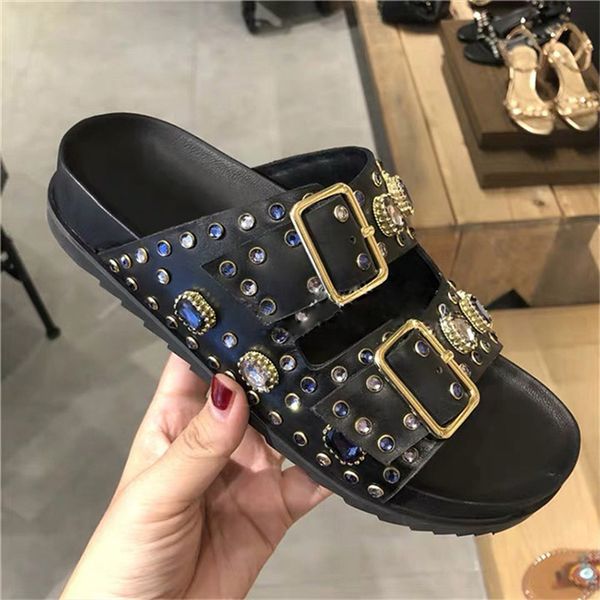 

ins slippers women rhinestoned woman flats slip on buckle decor ladies slides platform chaussures femme design summer shoes, Black