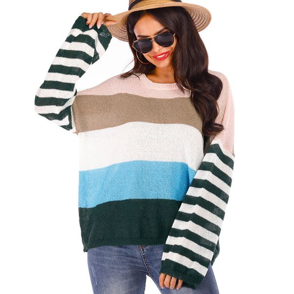 

sagace casual jacquard knit green striped sweater women's long sleeve casual loose winter pullover women sweater long 2019, White;black