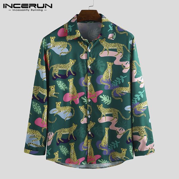 

incerun spring autumn fashion men chic leopard print long sleeve lapel shirt street trend joker button mens casual slim blouse, White;black