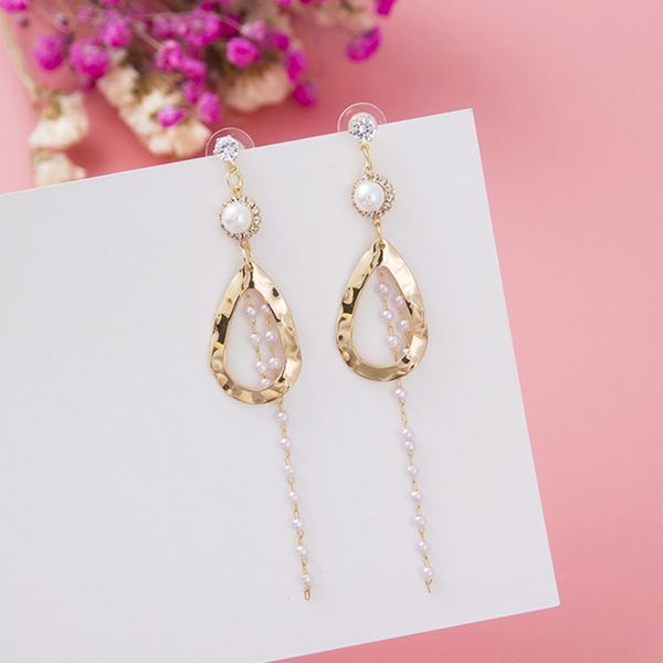 

korean style irregular metal round long pearl tassel earrings personality statement boucle d'oreille femme party jewelry 2019, Silver