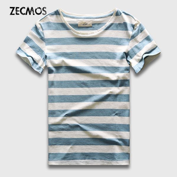 

Zecmos New Men Stripe T -Shirt Fashion O Neck Short Sleeved Slim Fit Blue Striped T Shirt Man