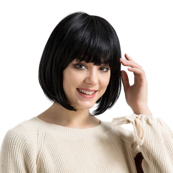 

short black hair full wig with bangs, straight real human hair silky hairpieces, heat resistant for cosplay party costume 32cm