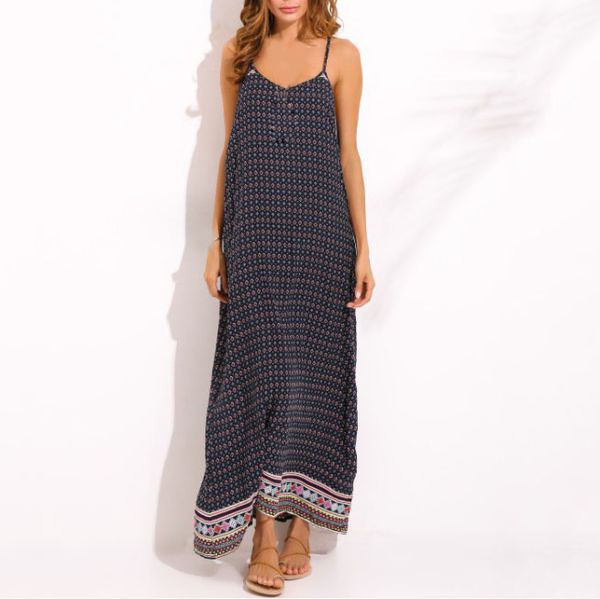 

2019 summer women beach dress sleeveless floral printed dress straps v neck long, Black;gray