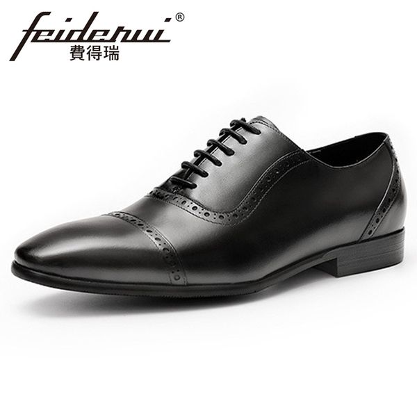 

italian genuine leather men's carved suit oxfords pointed toe lace man wedding party flats formal dress semi brogue shoes fhs168, Black
