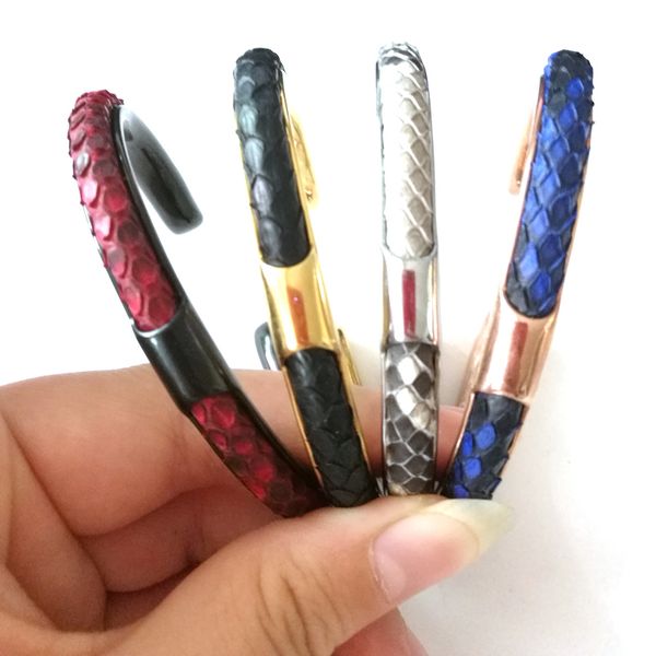 

beichong classic gold color hardware & men black python bangle genuine 5mm python bracelet for men custom color leather bangles, Golden;silver