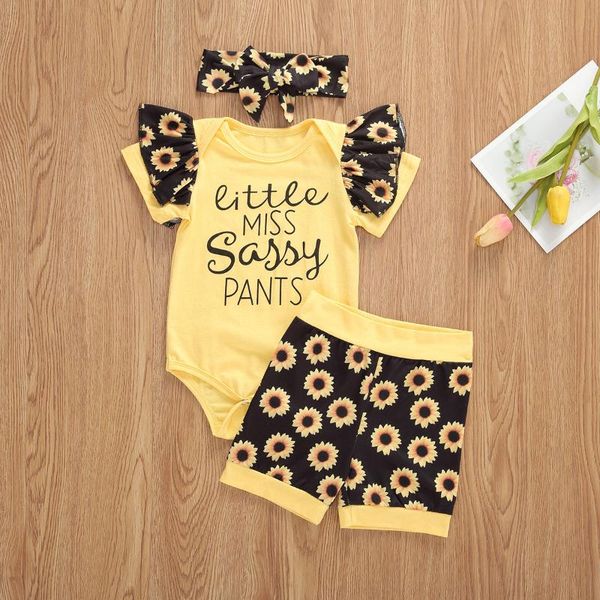 

2020 cute baby girl clothes sunflowers sets 3pcs letter bodysuit floral shorts bow hair baby girl outfits clothing 0-12m, White