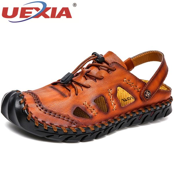 

uexia new luxury handmade casual men soft sandals comfortable summer leather shoes men roman summer outdoor beach big size 38-48, Black