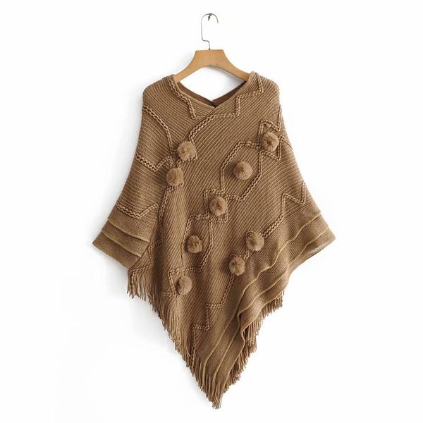 

l321 korean chic autumn winter design cute ball v neck tassels cloak sweater knitted, Black