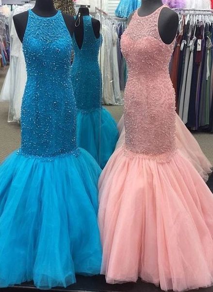 

luxury crystal bodice prom dresses mermaid long halter backless tulle beading celebrity evening formal wear party dress gowns, Black