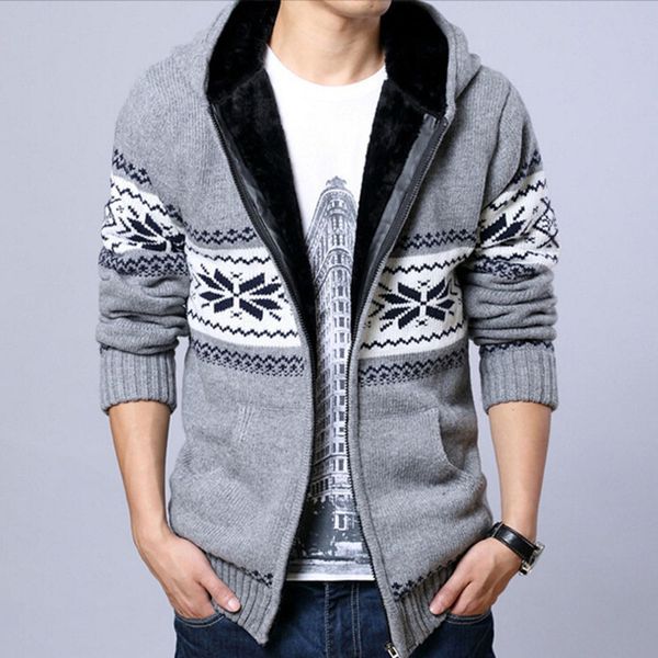 

brand mens fleece sweatercoat winter fashion hood zipper slim fit knitting thicken sweater coat men warm outwear af1622, White;black