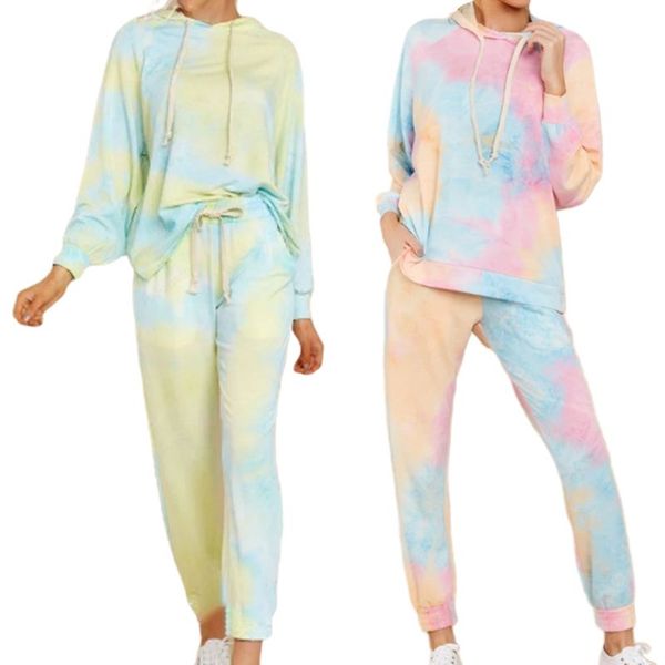 

2020 women tie-dye print 2pcs tracksuit set hooded sweatshirt jogger pants loungewear nightwear, White