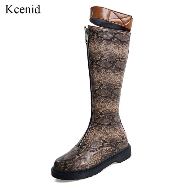 

kcenid front zipper chunky heel shoes snakeskin mixed colors knee high boots winter keep warm boots fashion long shoes plus size, Black